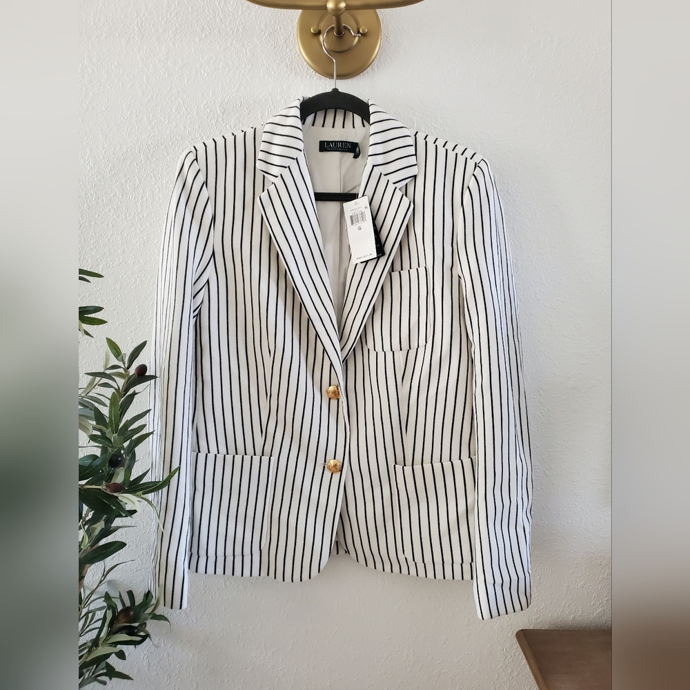 Ralph Lauren Women blazer suit jacket jacket cream Striped pockets gold 10 $175